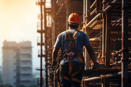 The male worker ascends a construction site wearing a helmet and uniform. AIの素材
