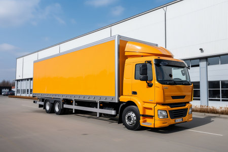 Bright yellow-orange cargo truck departing from a warehouse with a trailer loaded full of cargo. AIの素材