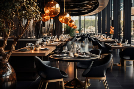 Tables Set in Upscale Restaurant with Modern Atmosphere. AIの素材