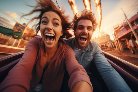 Thrilled couple experiencing high-speed excitement on a thrilling amusement park ride. AIの素材