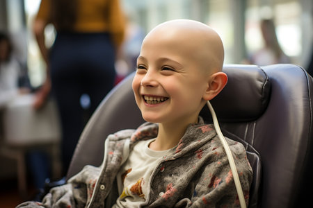 Smiling Bald Boy in a Cancer Hospital Bed. AIの素材