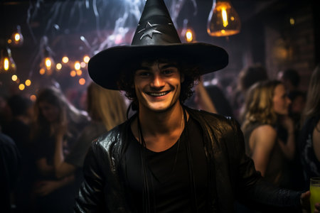 Young man dressed as a witch at a Halloween party. AIの素材