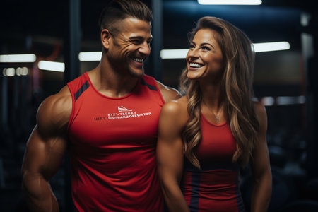 Athletic Couple Poses, Sporting Smiles and Displaying Toned Muscles. AIの素材