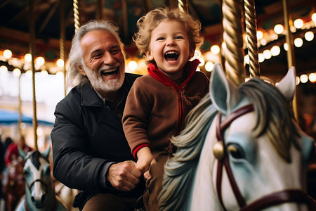 Elderly Gentleman and His Grandson Riding a Carousel. AIの素材