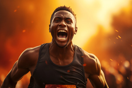 African-American athlete with black skin crosses the finish line.. AIの素材