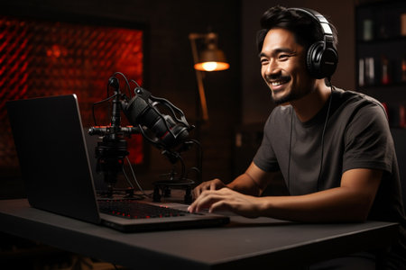Asian man recording a podcast with headphones and a microphone on his laptop. AIの素材
