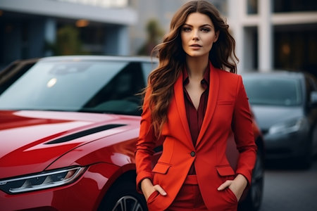 Stylish girl in luxurious red business suit stepping out of a car. AIの素材