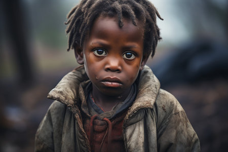 Downtrodden African Boy Struggling with Hunger and Sadness. AIの素材