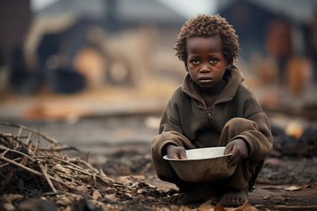Downtrodden African Boy Struggling with Hunger and Sadness. AIの素材