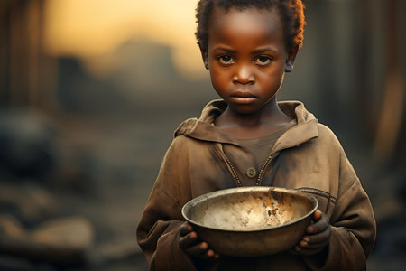 Downtrodden African Boy Struggling with Hunger and Sadness. AIの素材