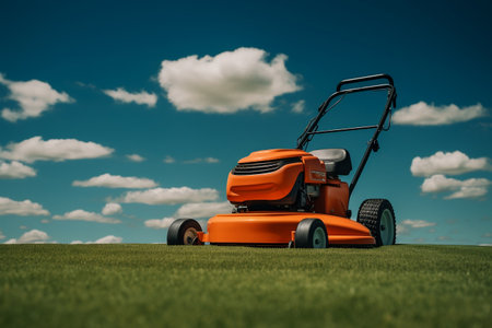 Vibrant Orange Lawn Mower Amidst Lush Green Grass and Sky. AIの素材
