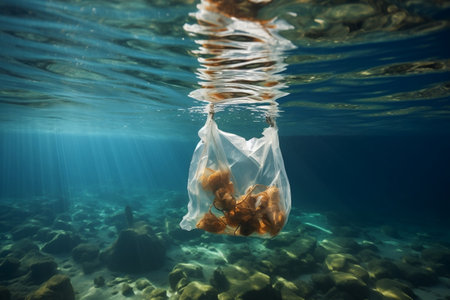 Plastic Bag Drifting in the Ocean. AIの素材