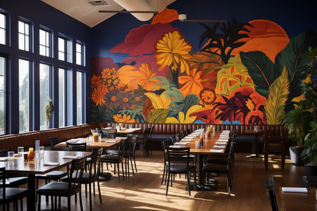A Colorful Mural-Adorned Restaurant with Wooden Tables and Chairs. AIの素材
