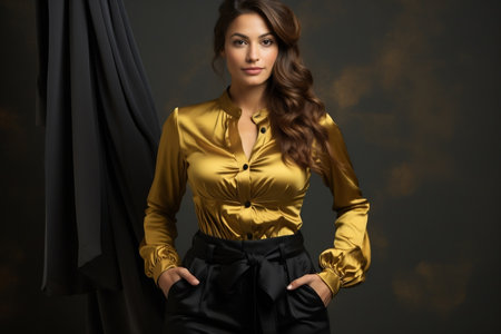 A Woman in Gold Blouse and Black Pants, Hands on Hips. AIの素材