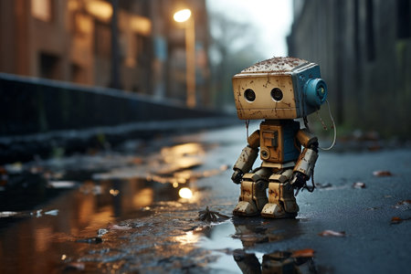 Solitary, Melancholic Robot Abandoned on the Street. AIの素材