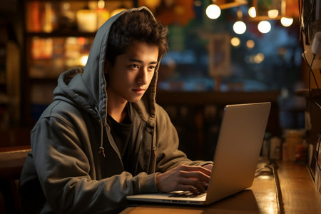 Adolescent Asian Boy Engaged with Laptop. AIの素材