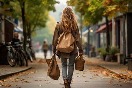 Woman Walking Down Street Holding Brown Bag. AIの素材