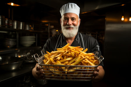 Cook Holding a Metal Fryer Basket with Fries. AIの素材