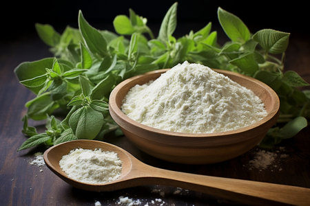 Stevia Sugar Powder and Fresh Stevia Leaves on a Wooden Spoon. AIの素材