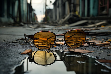 Discarded Eyeglasses on an Abandoned Street. AIの素材