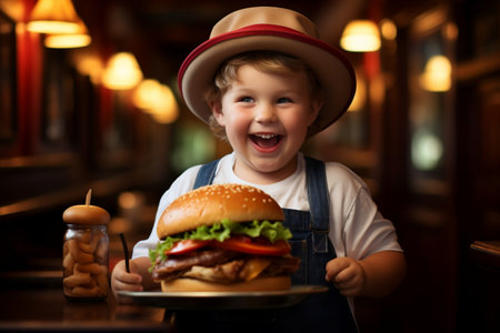 Cheerful 7-Year-Old Boy Enjoying Burger at CafÃ©. AIの素材