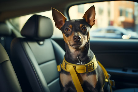 Canine in Vehicle Secured by Safety Belt. AIの素材