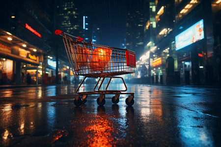 Unoccupied Shopping Cart Races Along Dim City Streets During Twilight. AIの素材