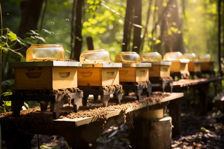Apiary Scene: Producing Honey in Beehives. AIの素材