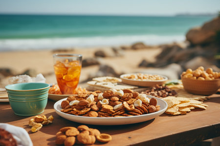 Table with Snacks and Gorgeous Blurred Beach Background. AIの素材