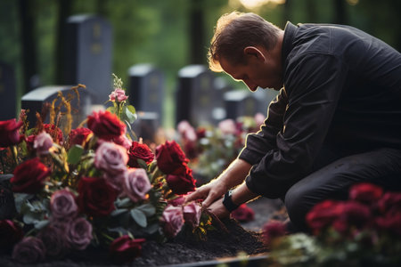 Paying Tribute: Placing Flowers on a Cemetery Grave for Remembrance. AIの素材