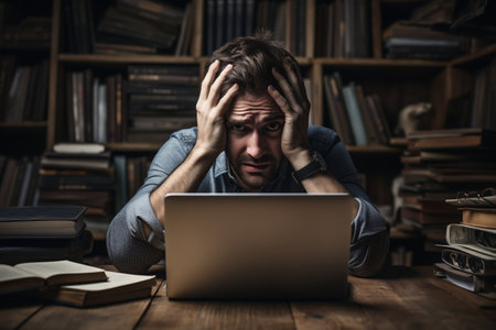Work-Related Stress: Person with Laptop, Experiencing Business Pressure and Anxiety . AIの素材