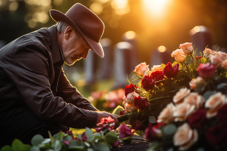 Paying Tribute: Placing Flowers on a Cemetery Grave for Remembrance. AIの素材