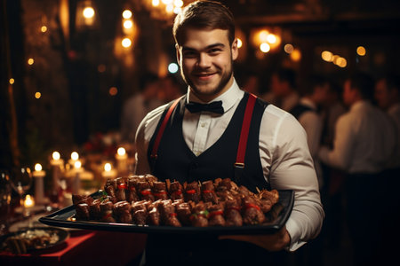 Skilled Server Balancing Tray of Savory Meat Dishes at Festive Gathering. AIの素材