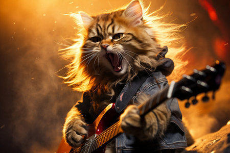 Feline Guitarist Rocking the Stage. AIの素材