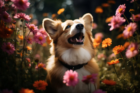 Canine Smelling Flower in a Blossoming Garden. AIの素材