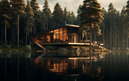 Wooden Lakeside Cabin Amidst Surrounding Treesの素材
