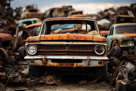 Rusty Car Junkyard Filled with Abandoned Vehiclesの素材