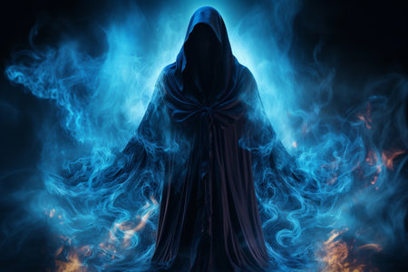 Ethereal Neon Ghost Amidst Blue Smoke on Black Backgroundの素材