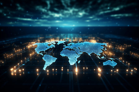 World Map Depicting Binary Code Dots and Lightsの素材