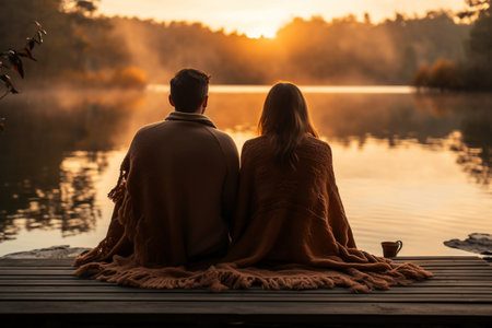 Cozy Couple Embraced in Blanket on Lakeside Wooden Dock, Delighting in Tranquil Sunrise. AIの素材