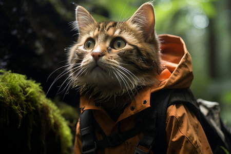 Feline Adventurer Journeying Across a Rainforest. AIの素材