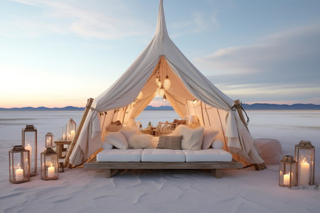 Whitewashed Desert Glamp: A Blend of Light, White, and Wood. AIの素材