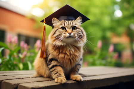 Feline Graduate: Cat Wearing Graduation Cap Outdoors in Nature. AIの素材