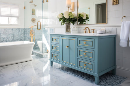 Elegant White Bathroom: Blue Vanity, Granite Countertop, Patterned Tile Floor, Gold Fixtures & Mirror. AIの素材