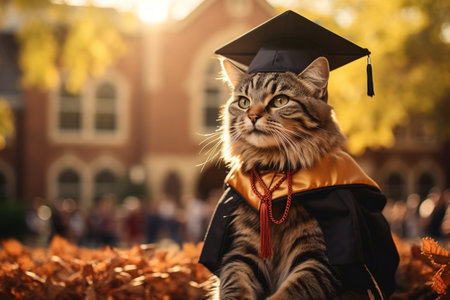 Feline Graduate: Cat Wearing Graduation Cap Outdoors in Nature. AIの素材
