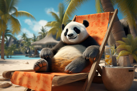 Panda Relaxing on Deckchair During Tropical Summer Getaway. AIの素材