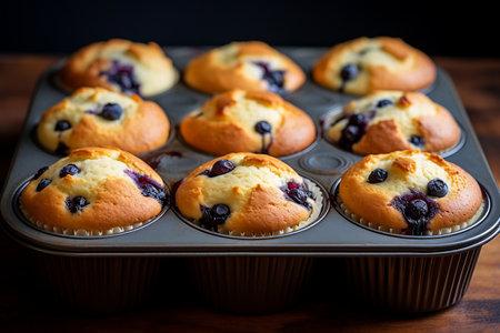 Blueberry Batter Filled in Muffin Tin. AIの素材