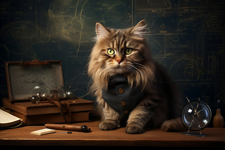 Adorable Feline Instructor Against Blackboard Backdrop. AIの素材