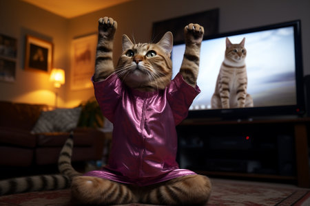 Online Cat Fitness Class Led by a Feline Trainer. AIの素材