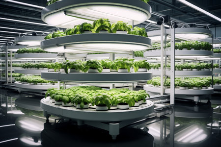 Large-Scale Hydroponic Growth Setup in Food Production Facility. AIの素材
